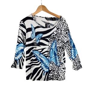 New Take Two Leopard Print Big Butterfly Long Sleeve Shirt size Large Blue/White